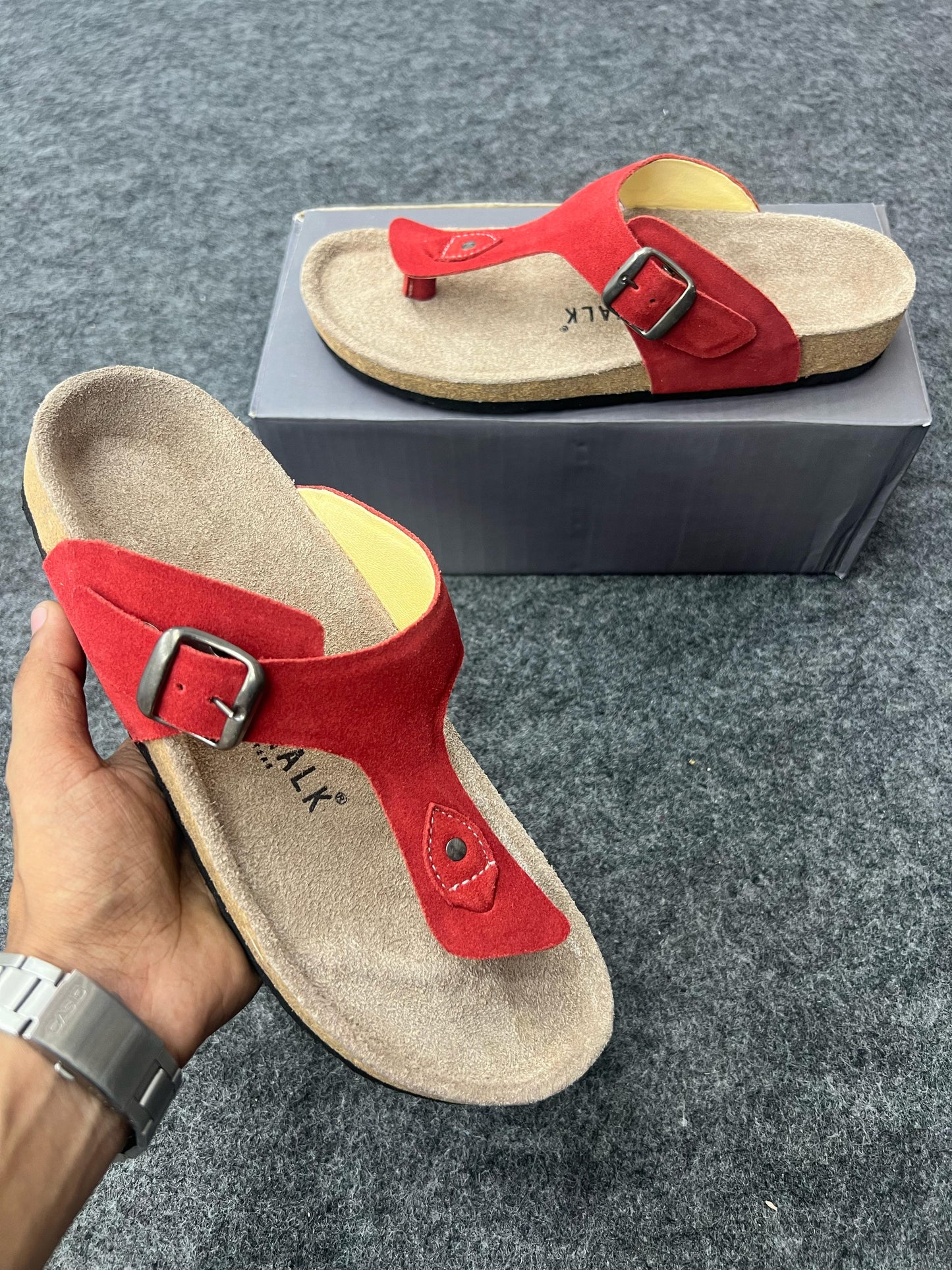 Red Suede Buckle Sandals