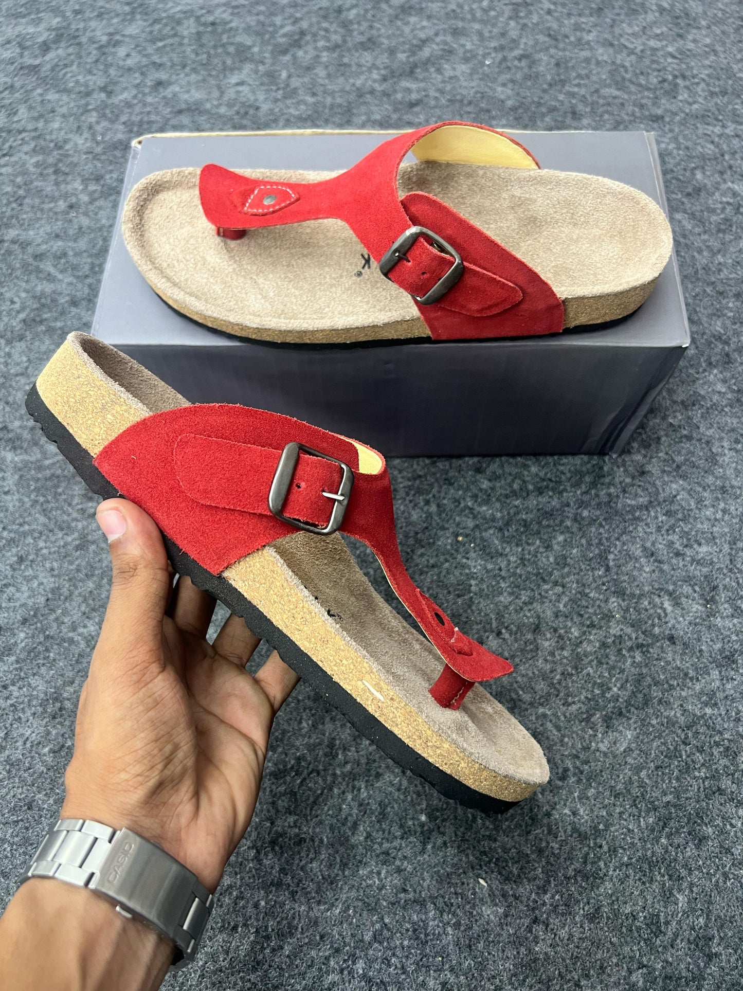 Red Suede Buckle Sandals