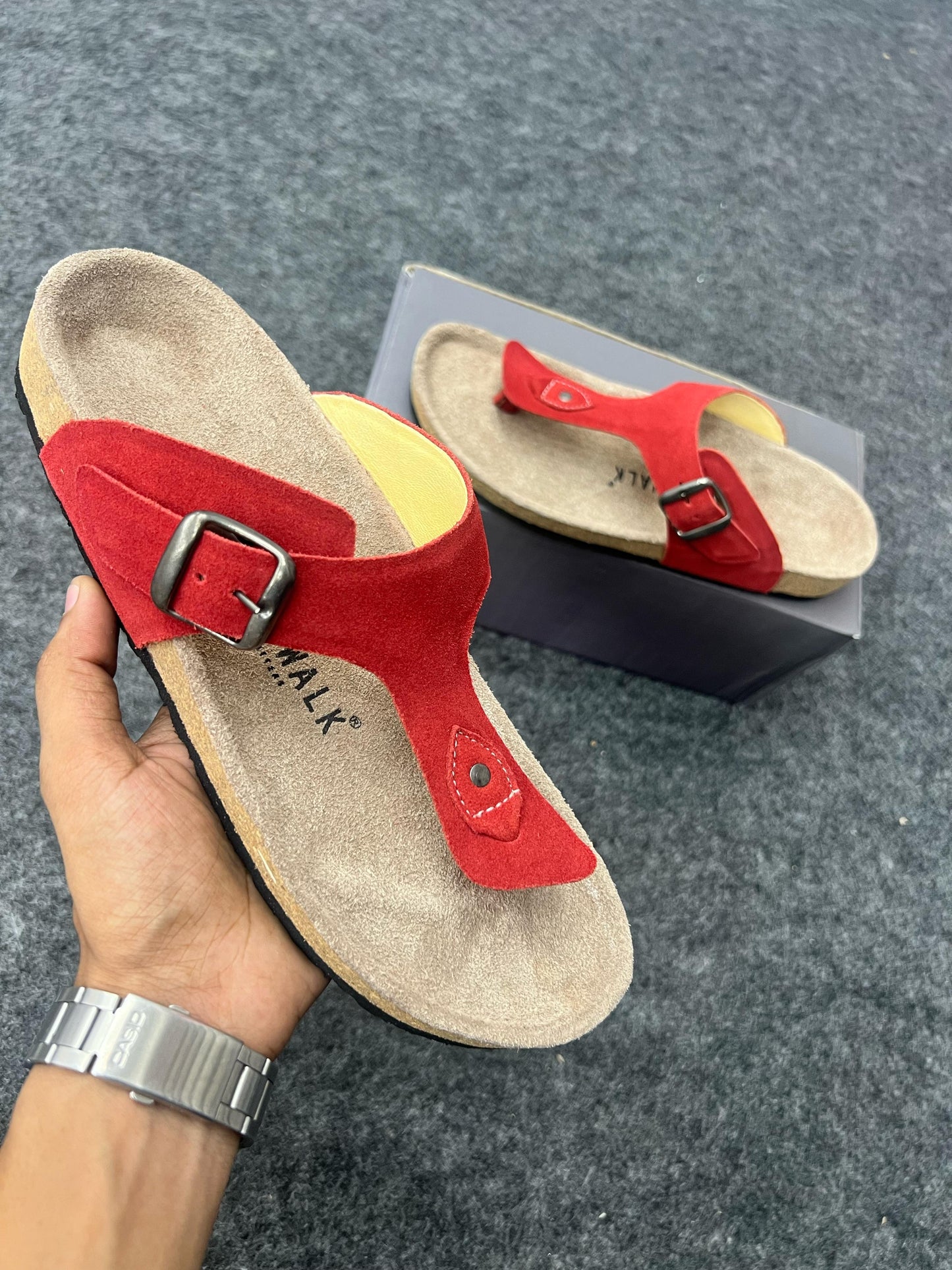 Red Suede Buckle Sandals