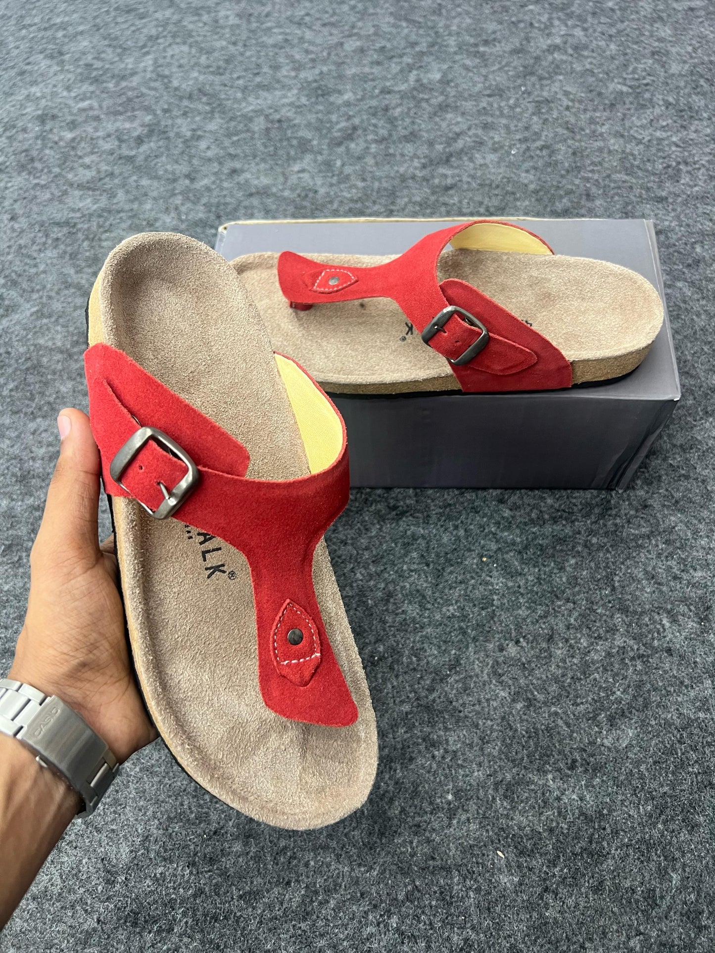 Red Suede Buckle Sandals