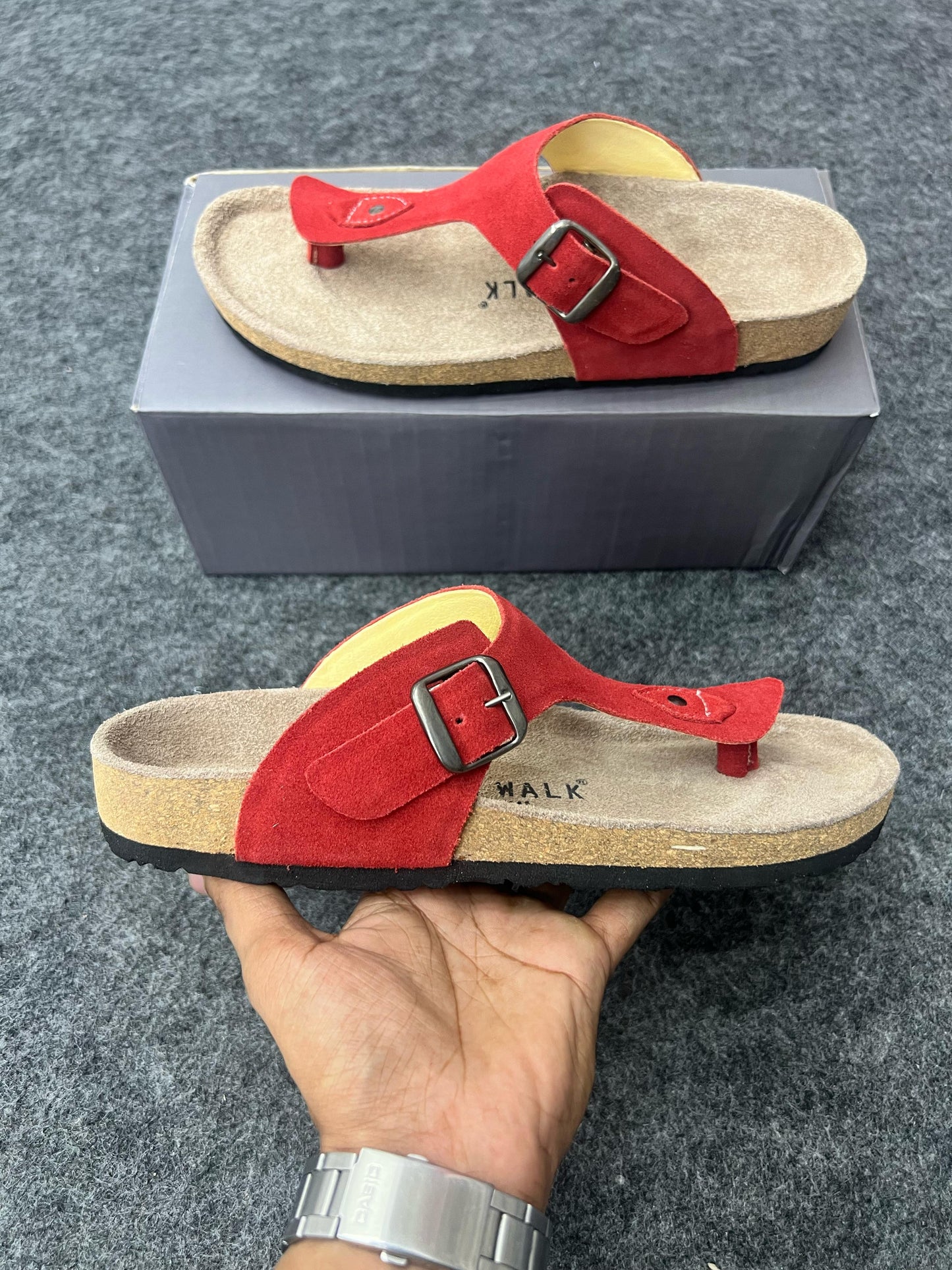 Red Suede Buckle Sandals