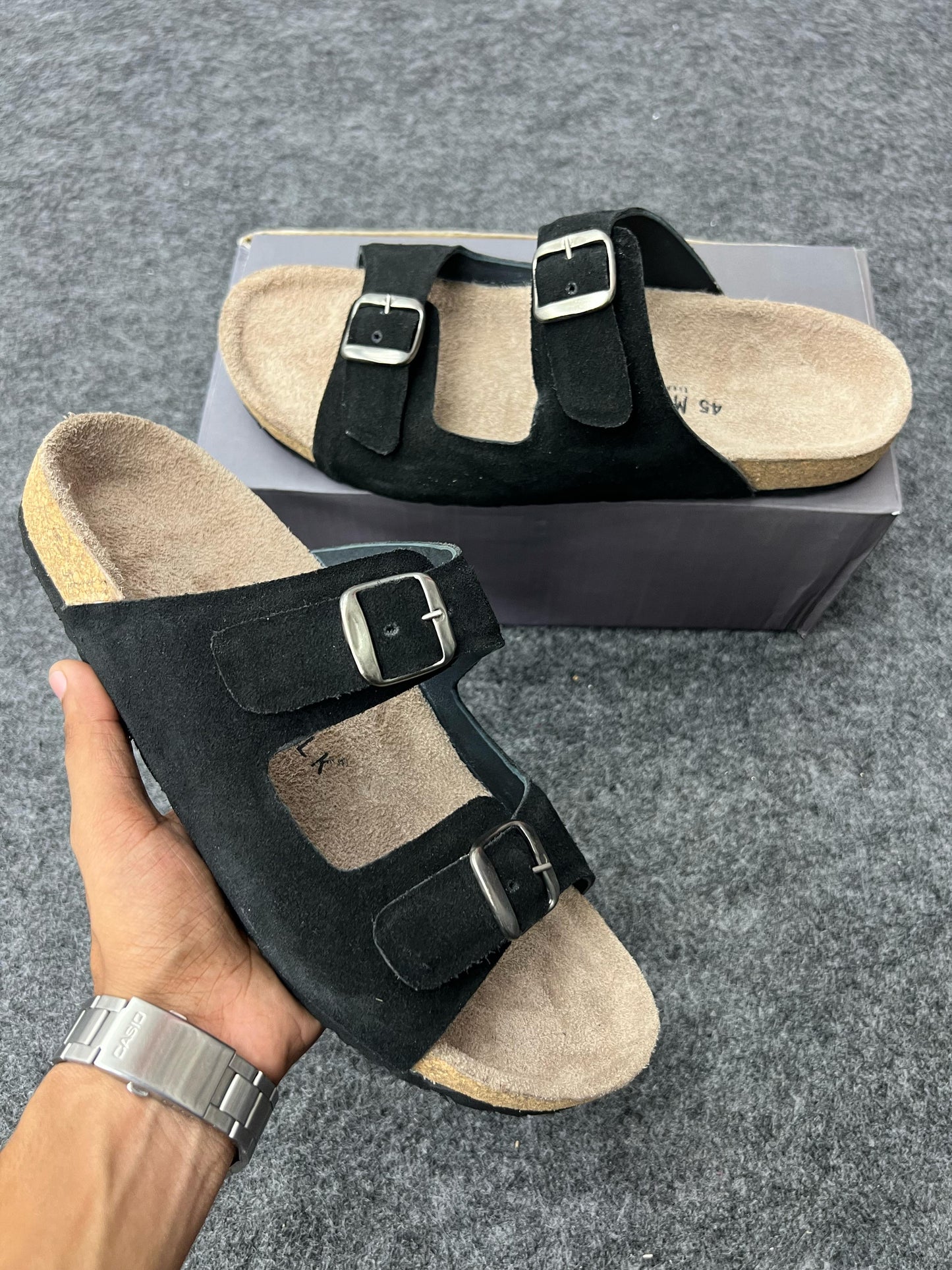 Stylish and comfy black suede sandals