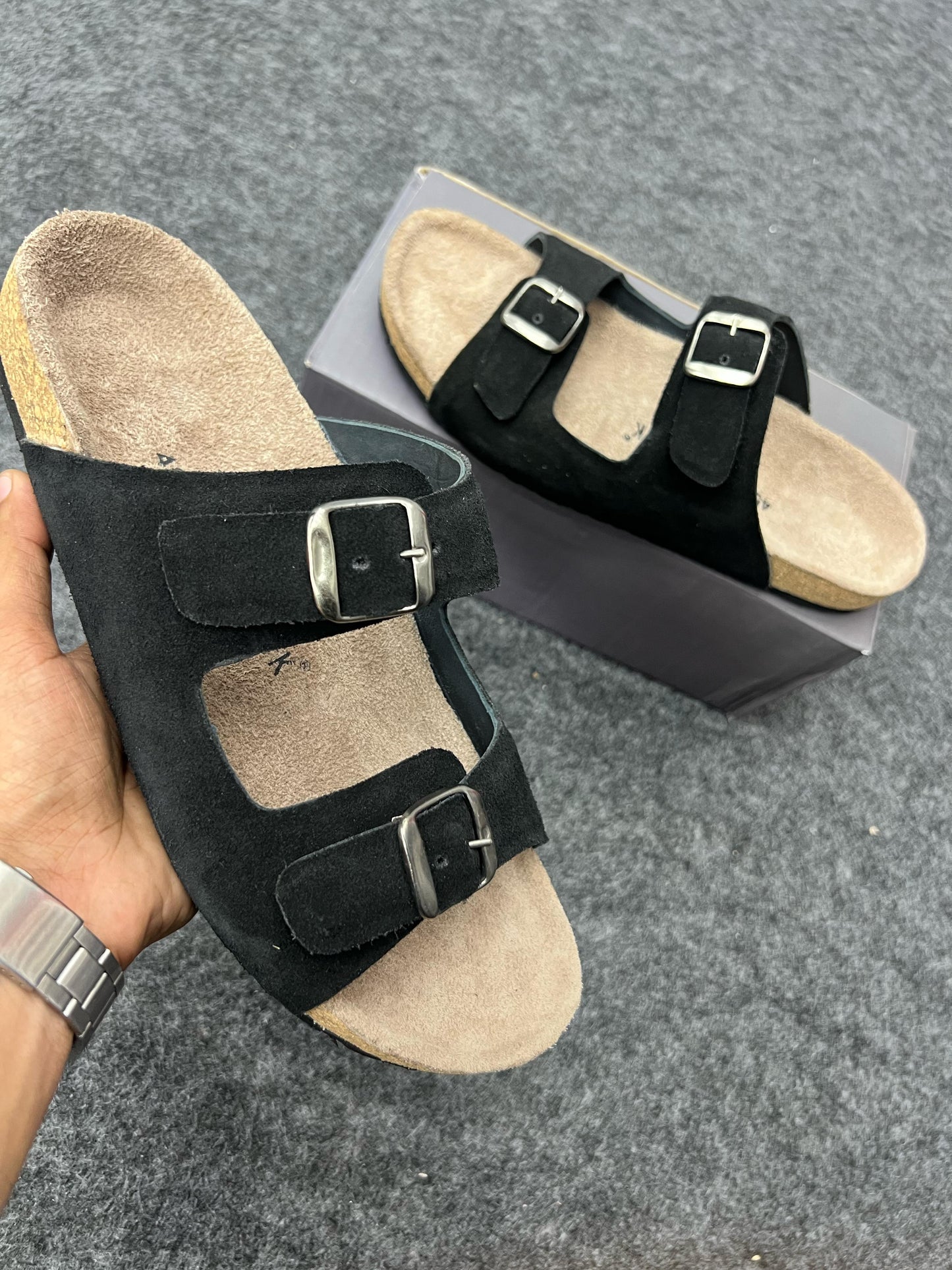 Stylish and comfy black suede sandals