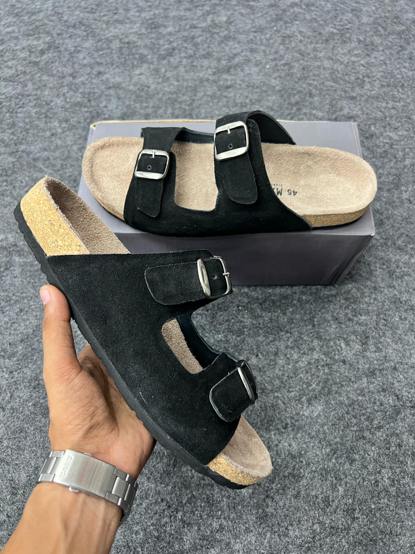 Stylish and comfy black suede sandals