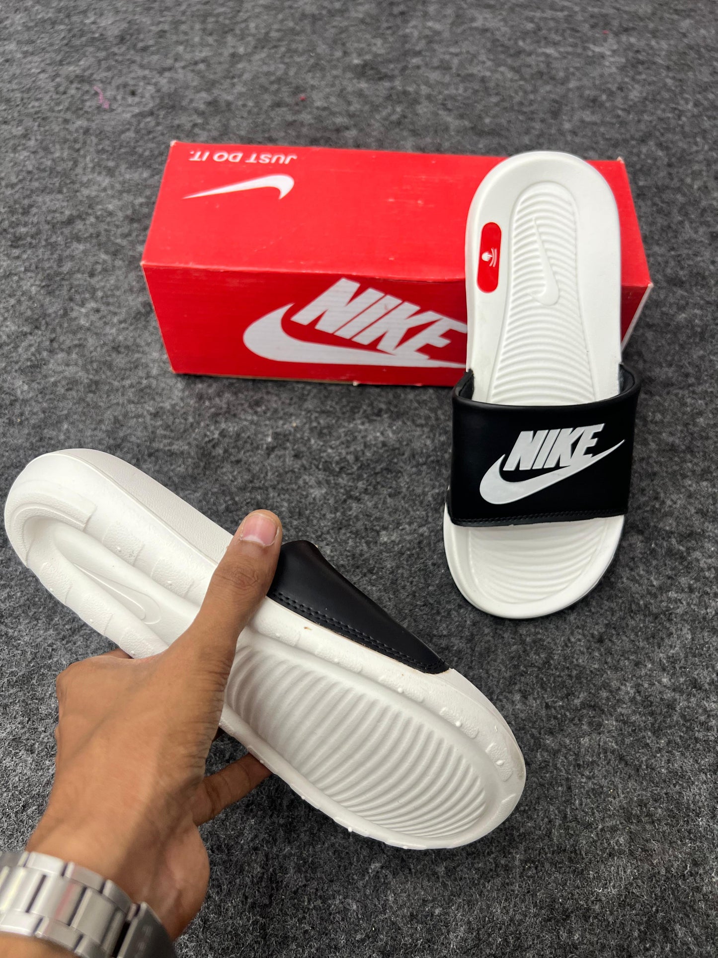 Nike White Slides with Black Strap