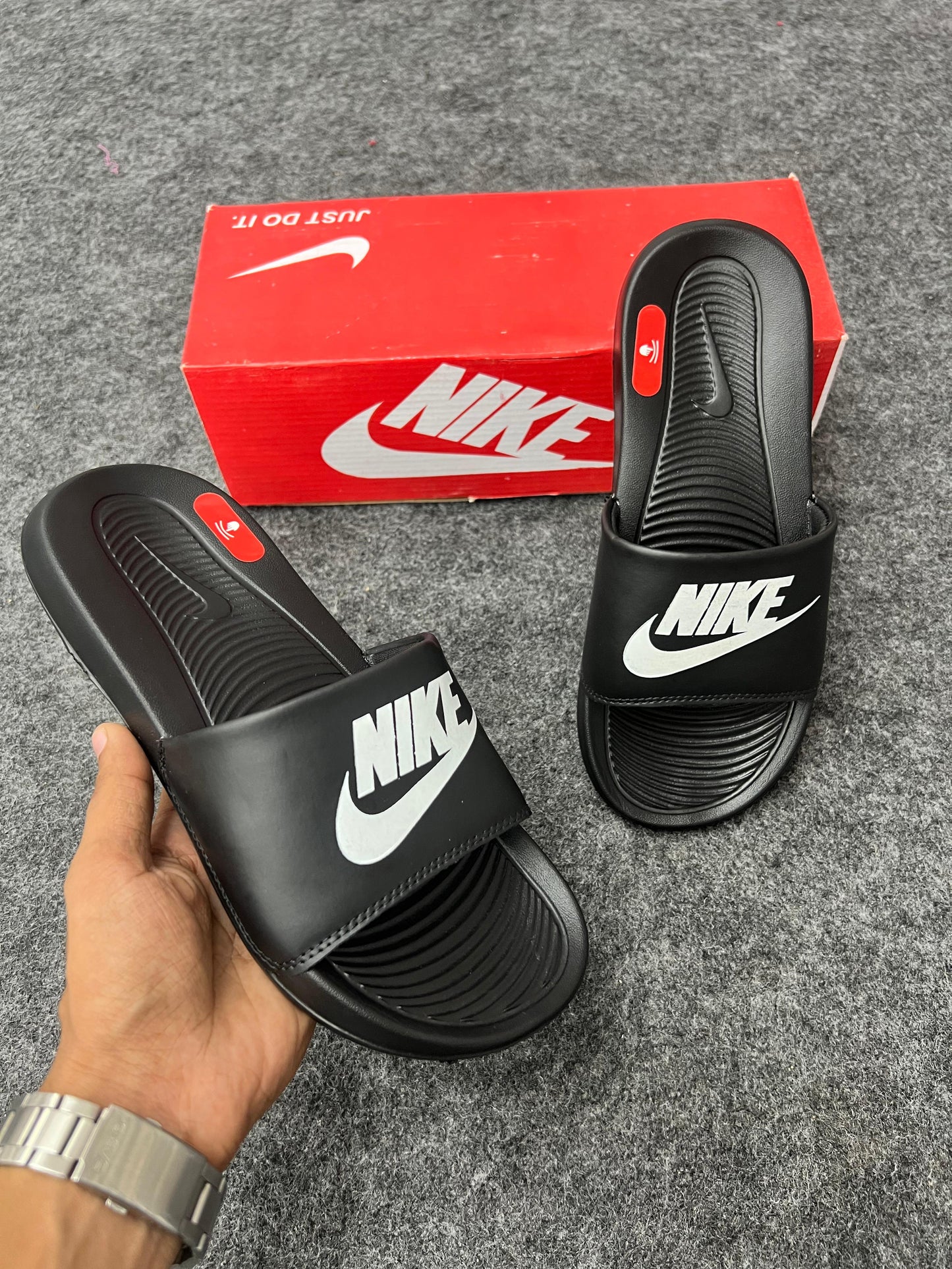 Nike Classic Black Slides with White Logo