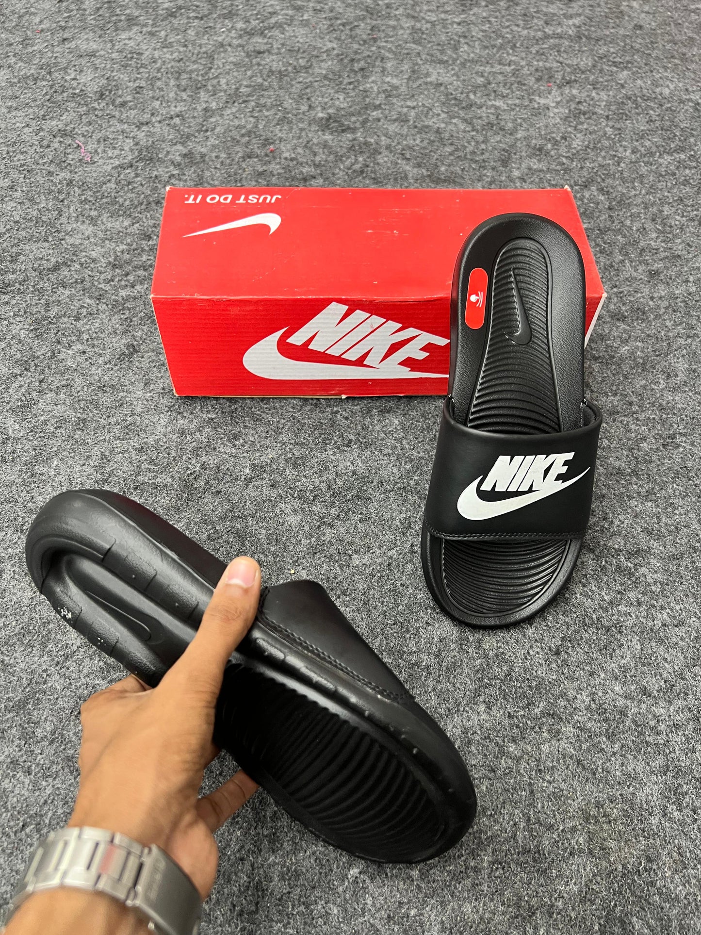 Nike Classic Black Slides with White Logo