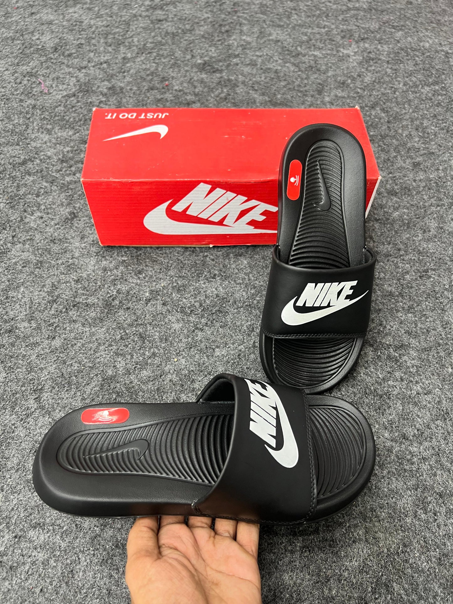 Nike Classic Black Slides with White Logo