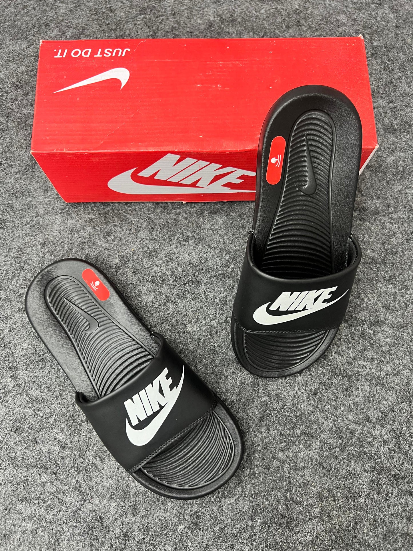 Nike Classic Black Slides with White Logo