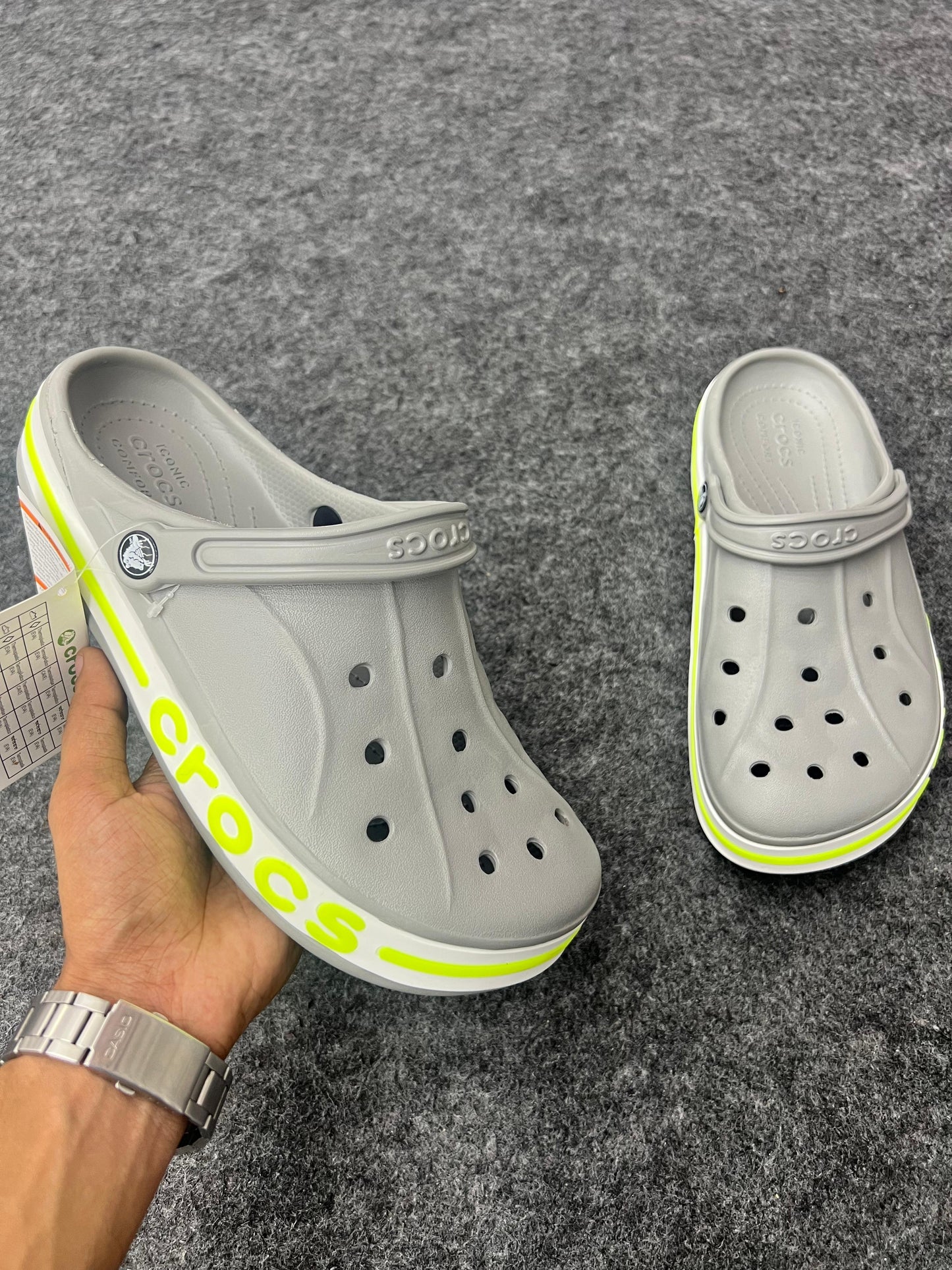 GREY NEON YELLOW BAYBAND CROCS