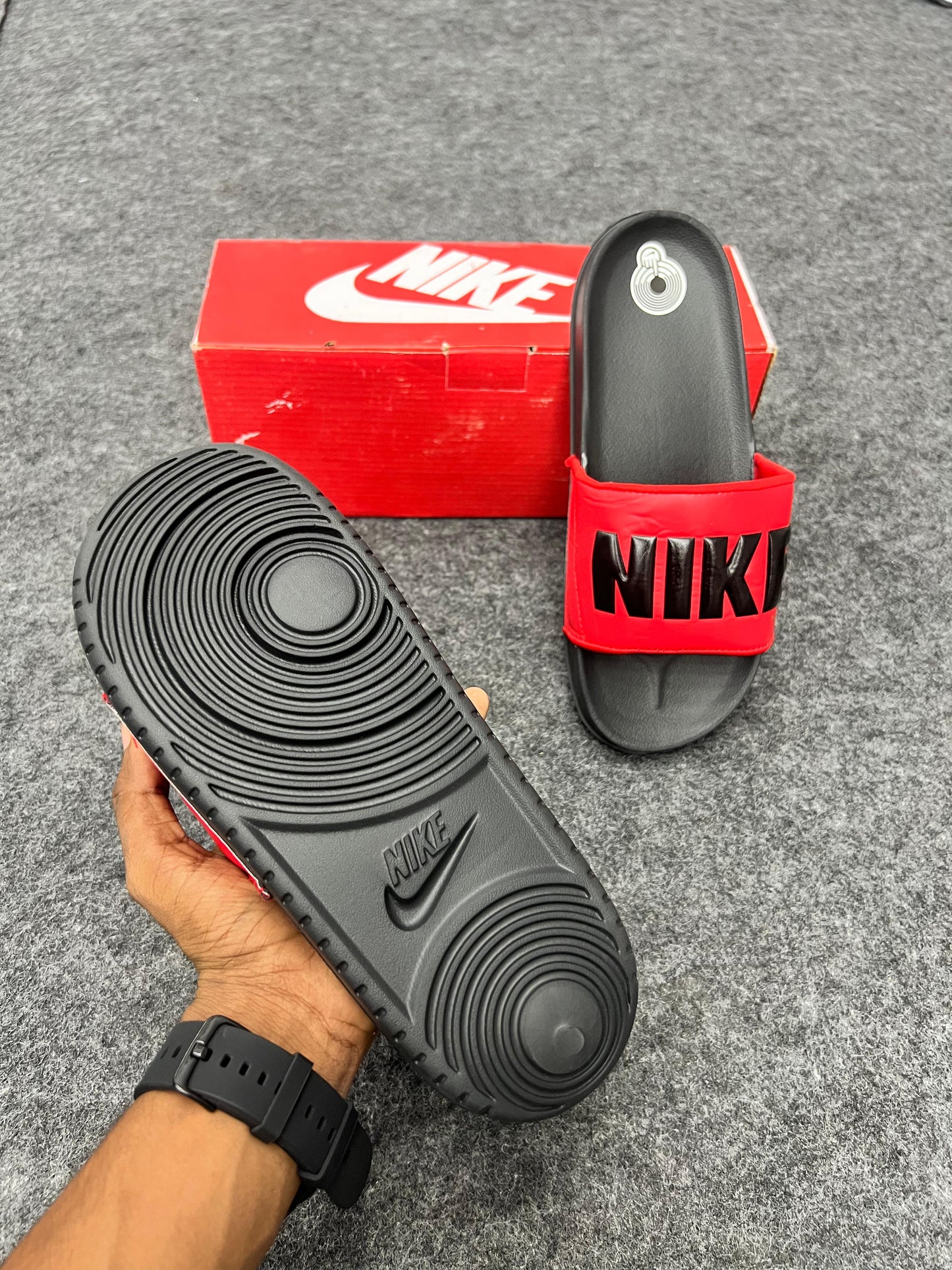 OFFCOURT NIKE RED & BLACK SLIDES