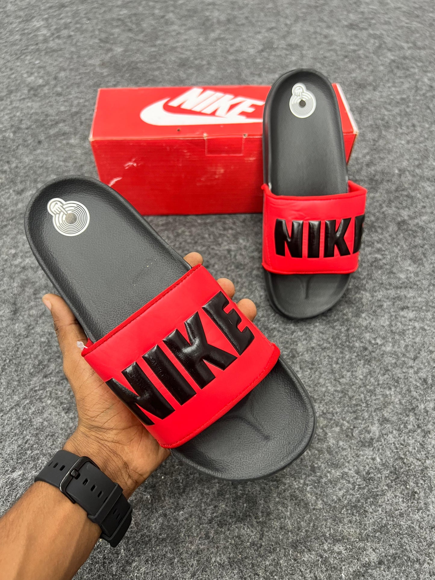 OFFCOURT NIKE RED & BLACK SLIDES