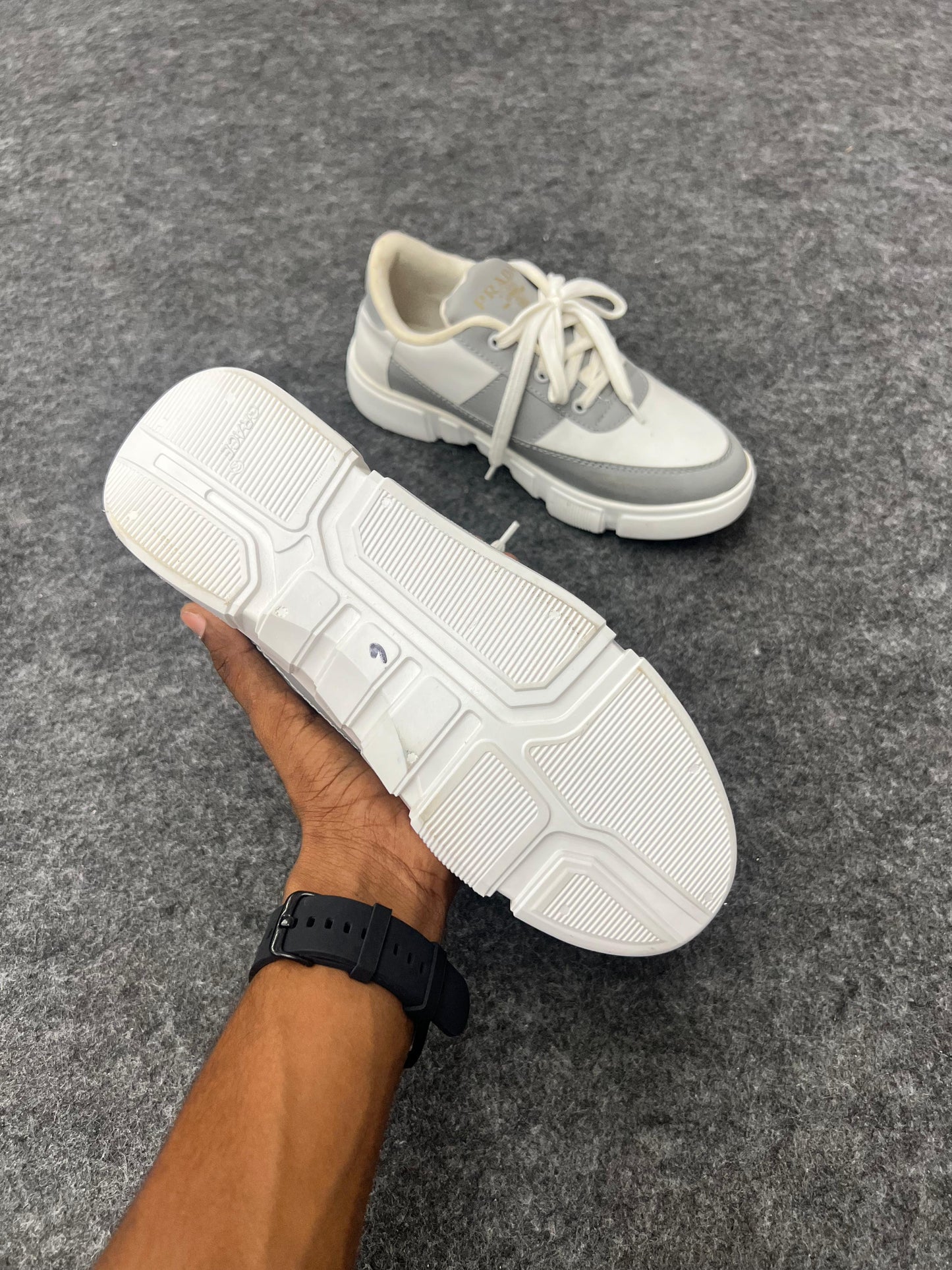 WHITE AND GREY PRADA SNEAKERS