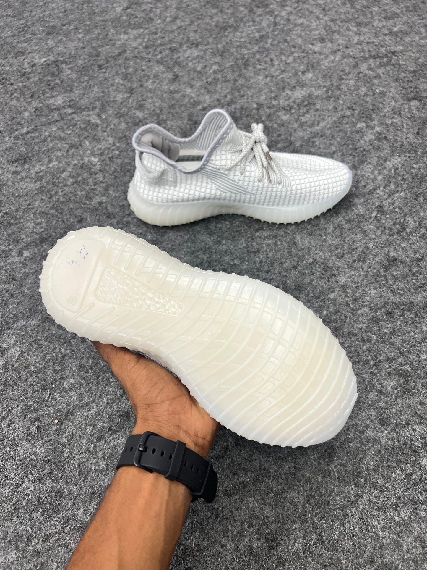 white Yeezy-inspired sneakers