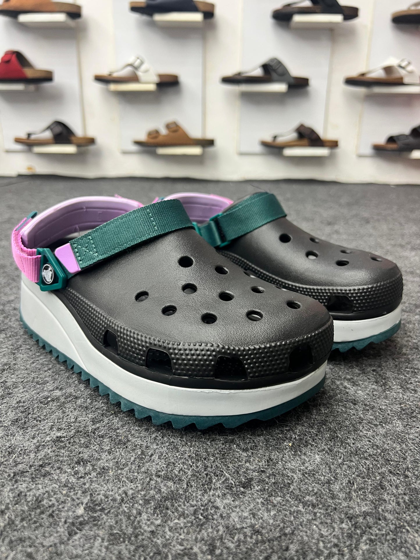 Chunky Strap Platform Crocs – Black with Pink & Green Accents