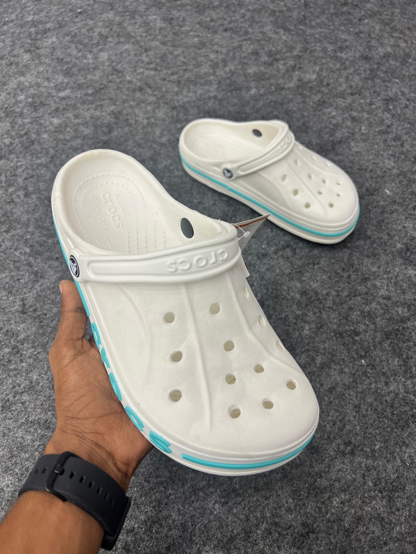 WHITE CROCS VIBRANT AQUA BLUE LPGP AND ACCENTS