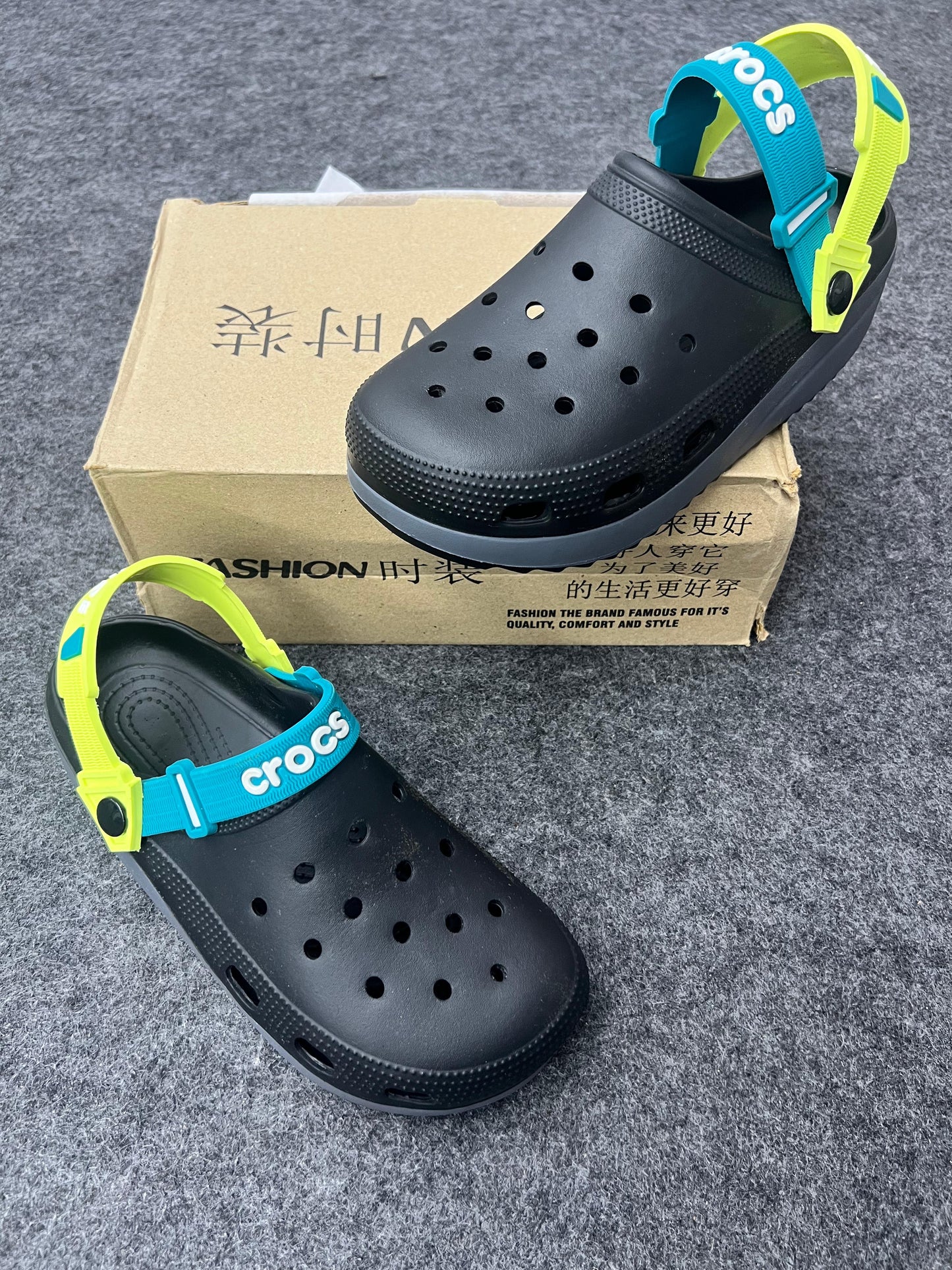 Black Crocs featuring dual-tone straps