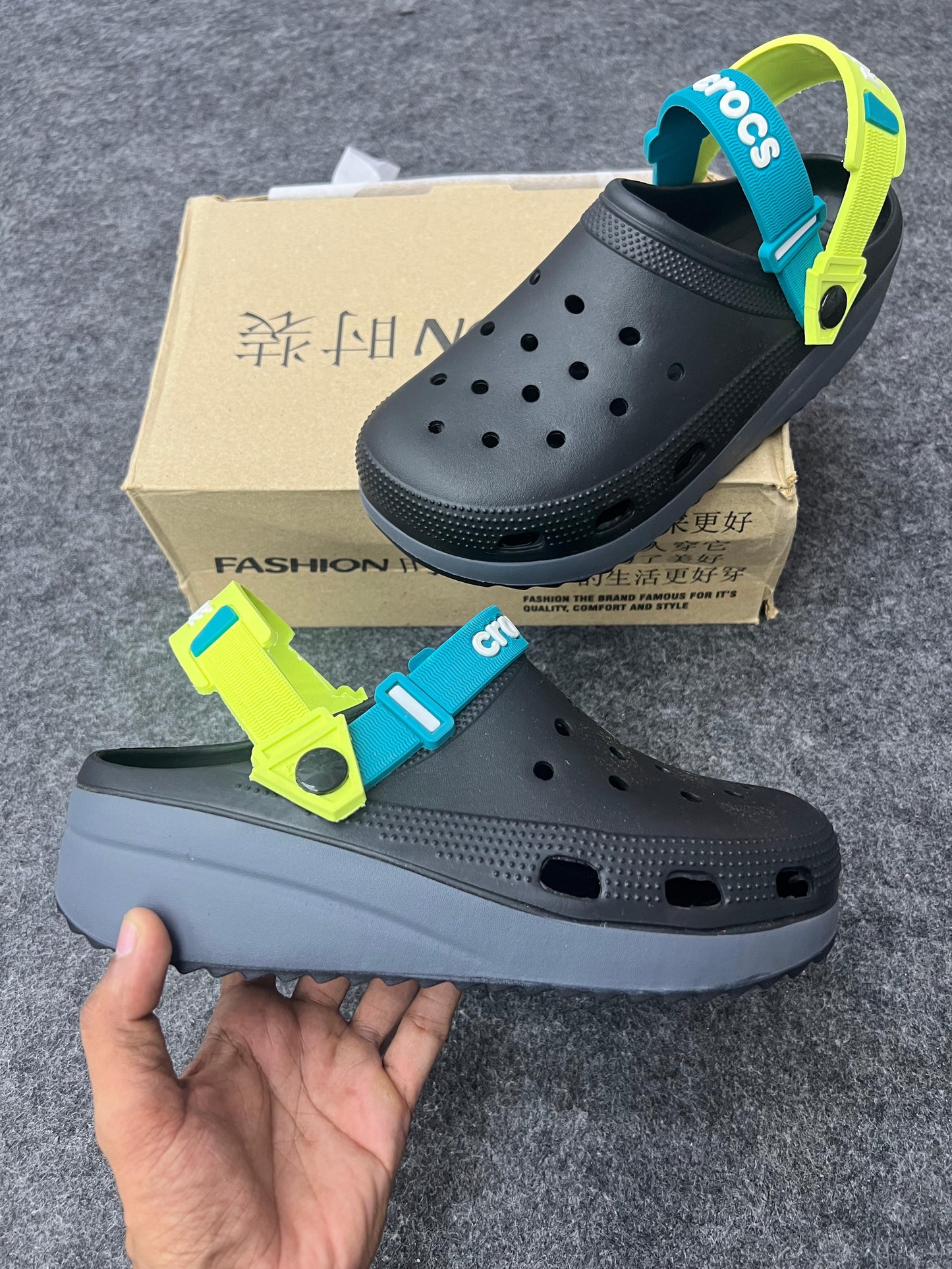 Black Crocs featuring dual-tone straps