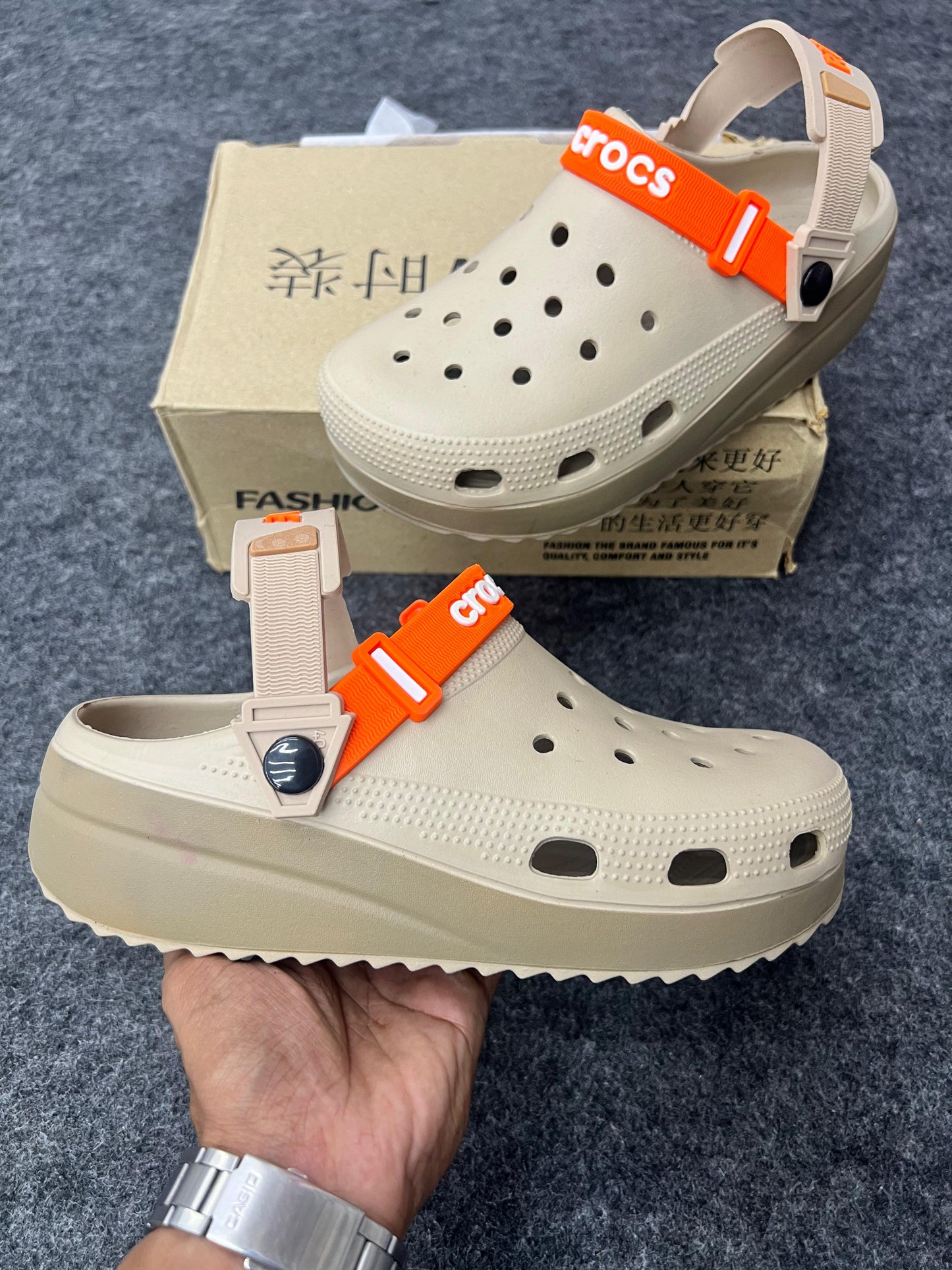 Beige Platform Crocs with Bold Orange Straps