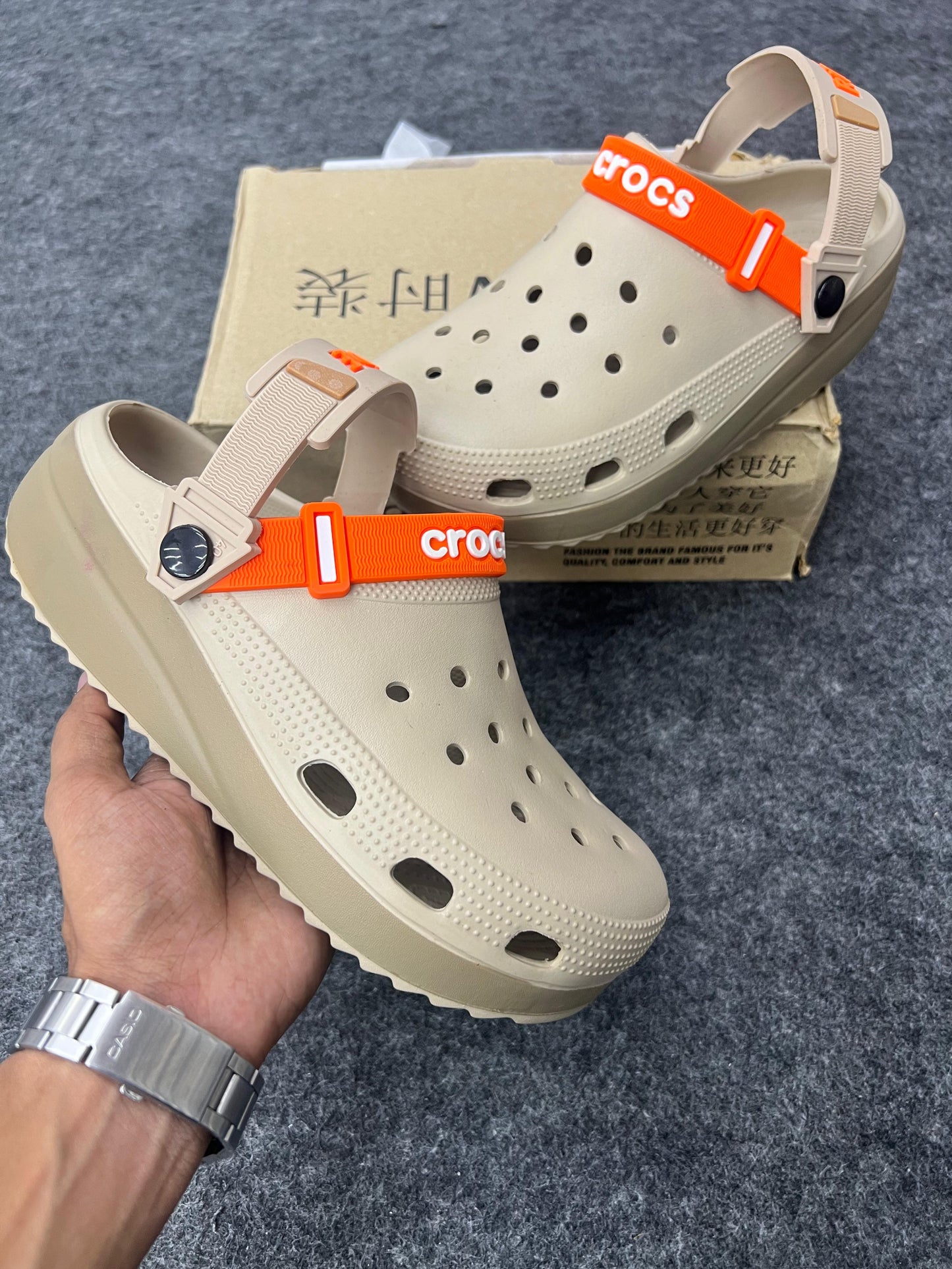 Beige Platform Crocs with Bold Orange Straps