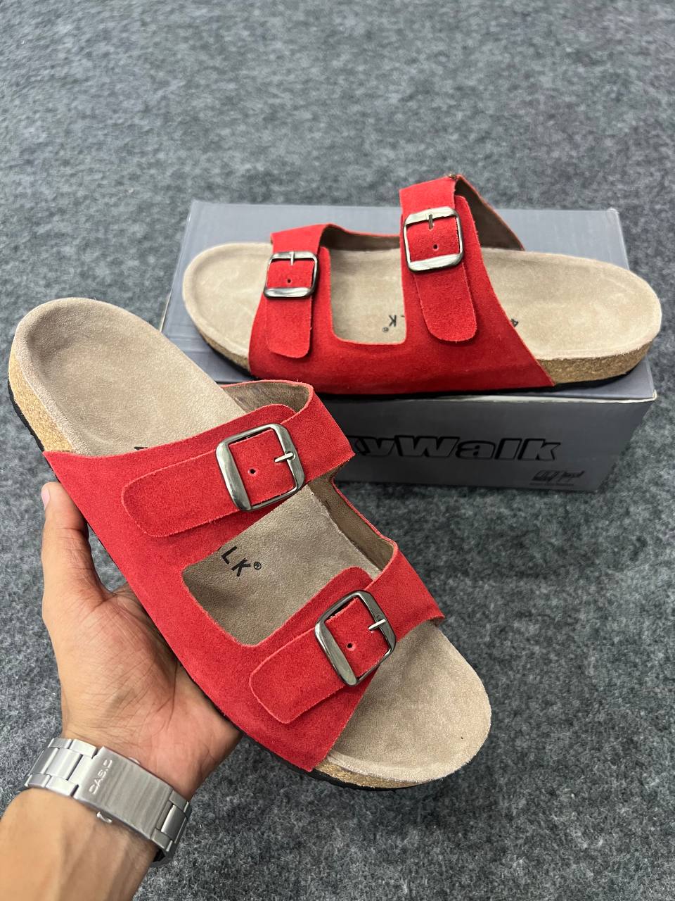 SkyWalk Red Suede Double Buckle Sandals