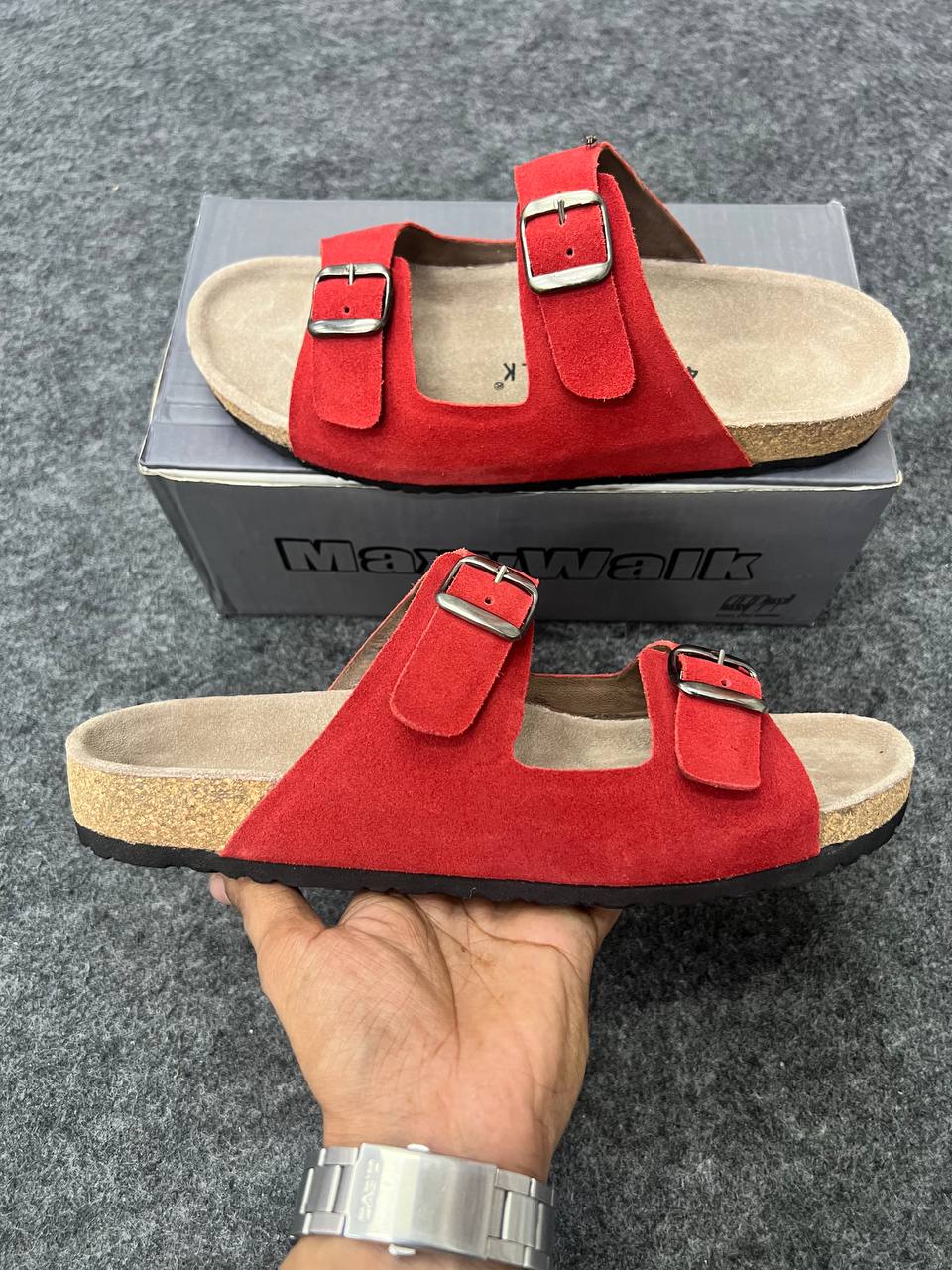SkyWalk Red Suede Double Buckle Sandals
