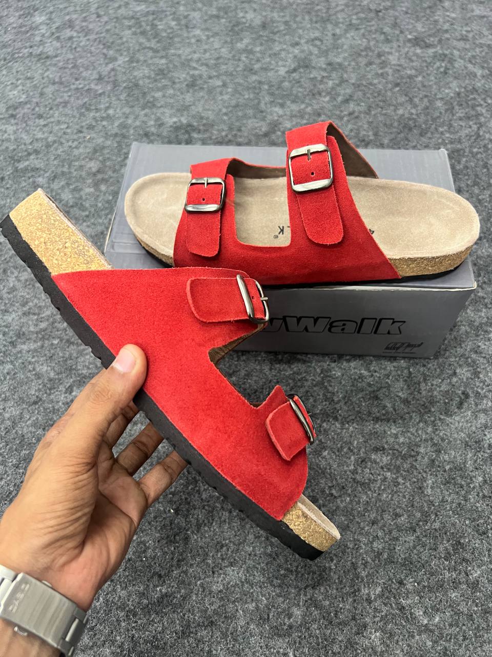 SkyWalk Red Suede Double Buckle Sandals