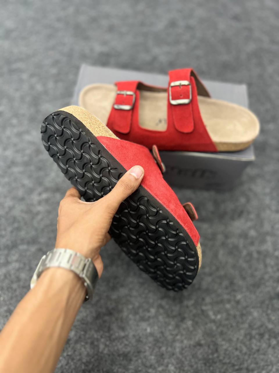 SkyWalk Red Suede Double Buckle Sandals