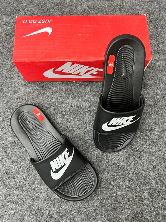 Nike Classic Black Slides with White Logo