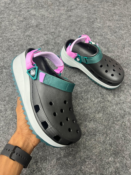 Chunky Strap Platform Crocs – Black with Pink & Green Accents