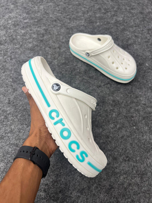 WHITE CROCS VIBRANT AQUA BLUE LPGP AND ACCENTS