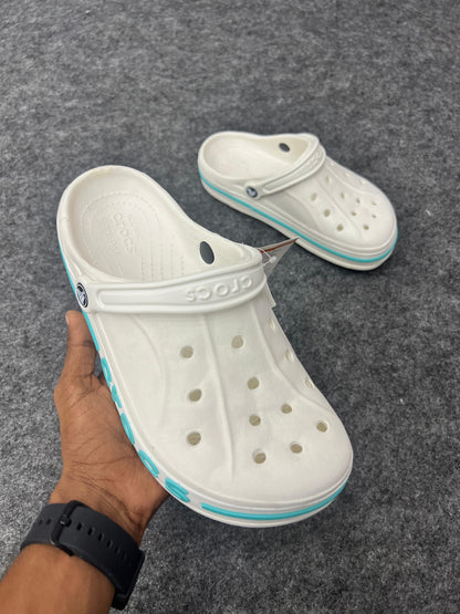 WHITE CROCS VIBRANT AQUA BLUE LPGP AND ACCENTS