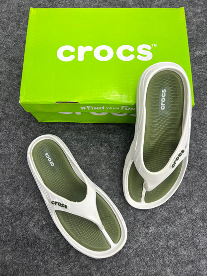 OLIVE GREEN & WHITE CROCS FLIP FLOP SLIPPERS