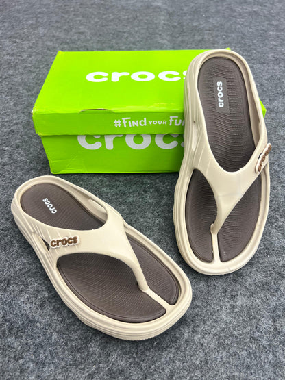 BEGIE WITH BROWN CROCS FLIP FLOP SLIPPERS