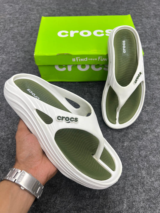 OLIVE GREEN & WHITE CROCS FLIP FLOP SLIPPERS