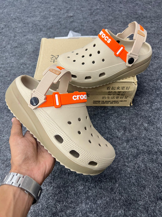 Beige Platform Crocs with Bold Orange Straps