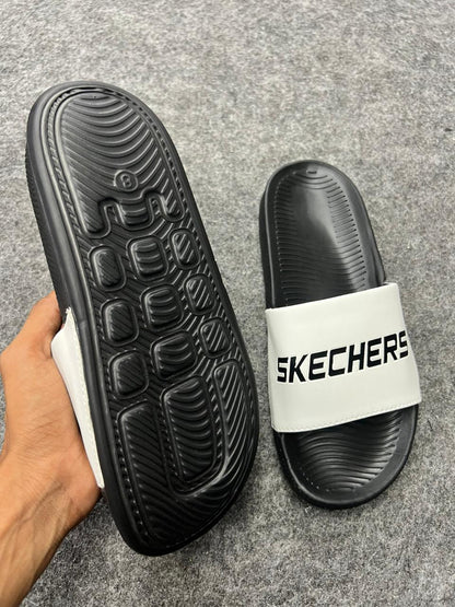 Skechers Comfort Slides – White & Black Edition