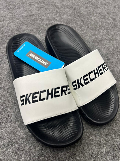 Skechers Comfort Slides – White & Black Edition
