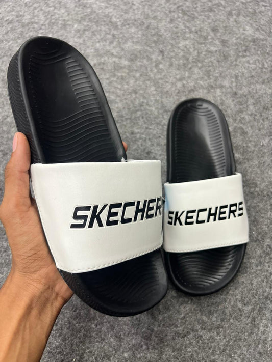 Skechers Comfort Slides – White & Black Edition