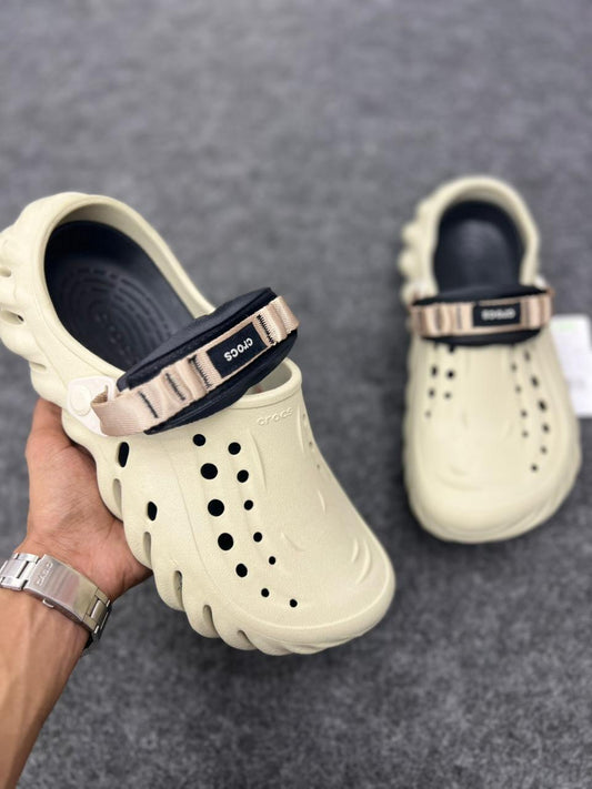 Stylish Cream Crocs with Black-Beige Strap